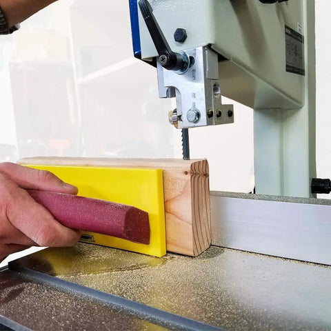 Pushblock for Table Saws and Router Tables with Diamond Grip and Non Marring Rubber Bottom Ergonomic Comfort Handle Built Tough Workpiece Holder in use with band saw