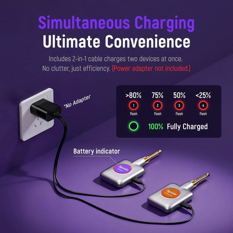 Charging adapter for 5.8GHz Wireless Guitar System With 24Bit 96KHz Audio Ultra Low 5ms Latency 100ft Range, showing battery indicator.