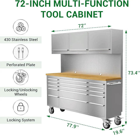 Heavy Duty Rolling 72 Inch Tool Cabinet Chest With Fifteen Deep Drawers Plus Three Lockable Upper Doors Dual Pack Mobile Workstation With Thick Steel Top For Garage Setup side view with dimensions and features visible.