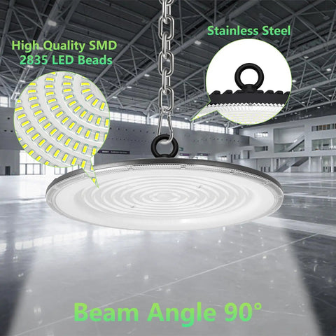 Hanging UFO High Bay LED Light 500W 50000LM with stainless steel chain in industrial interior, spotlight on product details.