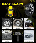 Image showing tire pressure sensor features including flat tire, overload, collision warnings, and extreme weather alerts.
