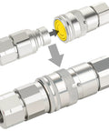 Two 1/2 in NPT flat-face hydraulic quick-connect fittings, chrome-plated metal, shown connected and separated.