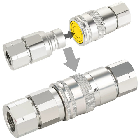 Two 1/2 in NPT flat-face hydraulic quick-connect fittings, chrome-plated metal, shown connected and separated.