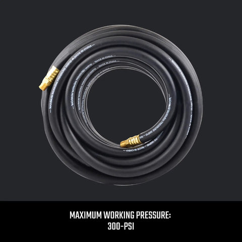 Heavy Duty Rubber Air Hose Three Eighths Inch By Fifty Feet, 300 PSI, coiled with brass fittings visible