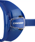Side view of Z2 Frameless Dive Mask And Corsica Snorkel Kit showing blue metal finish and adjustable buckle for snug fit