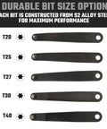 Right Angle Torx Screwdriver Set 5 Piece Bent Offset Tools For Tight Spaces, T20-T40 S2 Steel Bits with size labels