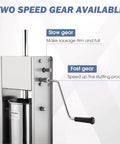 Manual Sausage Stuffer Vertical Sausage Stuffing Maker Food Grade 304 Stainless Steel Meat Filling Machine with Easy Fit Stuffing Tube shown with two-speed gear options.
