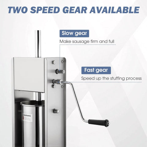 Manual Sausage Stuffer Vertical Sausage Stuffing Maker Food Grade 304 Stainless Steel Meat Filling Machine with Easy Fit Stuffing Tube shown with two-speed gear options.