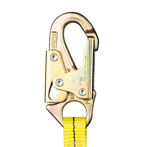 Close-up of self-locking steel hook on Non Shock Absorbing Lanyard 4 Ft With Self Locking Steel Hooks Durable 1 Inch Nylon Webbing.