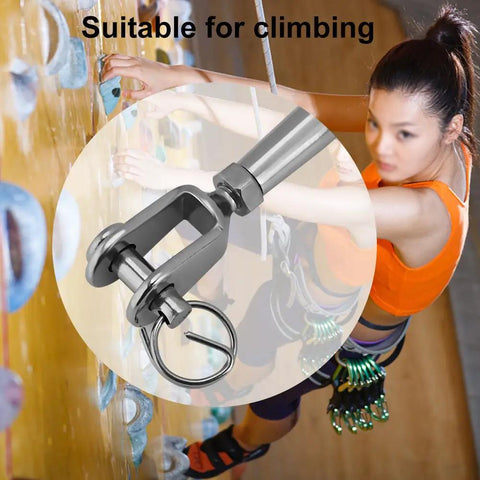 Stainless Steel Closed Jaw Rigging Screw Turnbuckle For Marine Boat Yacht M12 close-up on climbing wall with climber.