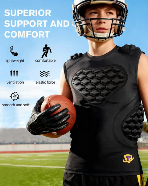 Youth Padded Compression Shirt With Chest Guard For Football Basketball Lacrosse, player wearing black padded shirt on field
