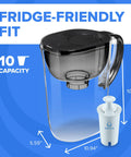 Large 10 Cup Water Filter Pitcher With High Density Filter For Everyday Use In Black That Reduces Chlorine And 2x Contaminants