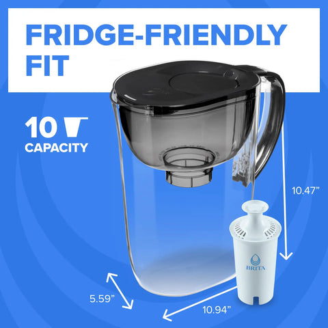 Large 10 Cup Water Filter Pitcher With High Density Filter For Everyday Use In Black That Reduces Chlorine And 2x Contaminants