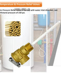 3/4 inch T&P valve for water heaters with probe and lever, brass body, and stainless steel spring, rated for 150 PSI pressure relief.