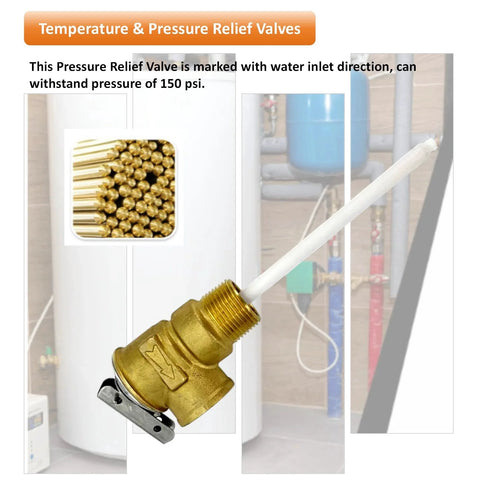 3/4 inch T&P valve for water heaters with probe and lever, brass body, and stainless steel spring, rated for 150 PSI pressure relief.