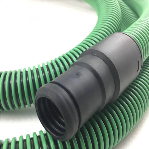 Close-up of the end of the Premium 5 Meter Replacement Dust Extractor Hose Compatible With Festool, showcasing the black connector and green flexible tubing.