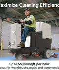 Worker operating Micro Ride On Floor Scrubber Dryer Kit 22 Inch Cleaning Path 25 Gallon Capacity Up To 55,000 Sq Ft Per Hour