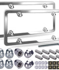 Stainless Steel License Plate Frames for Volvo 2 Pack Slick Slim Edge Mirror Polished Front And Rear Car Tag Frame With Stainless Steel Screws And Chrome Caps shown with accessories
