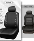 Comparison of PU Leather Bling Diamond Car Seat Covers Full Set Waterproof Durable With Rear Zipper Universal Fit For Women Girly Black Interior Sparkle Crystal Glitter showing before and after installation