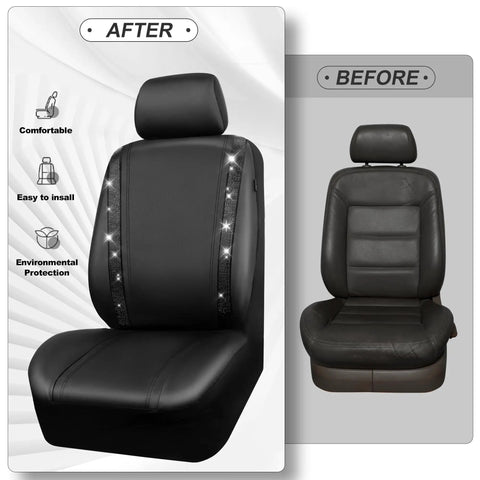 Comparison of PU Leather Bling Diamond Car Seat Covers Full Set Waterproof Durable With Rear Zipper Universal Fit For Women Girly Black Interior Sparkle Crystal Glitter showing before and after installation