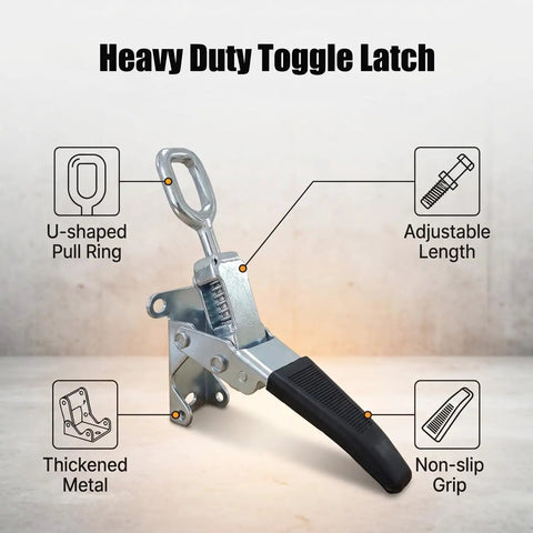 11.8 Inch Heavy Duty Toggle Latch Clamp for doors, gates, trailers, showcasing U-shaped pull ring and thickened metal.