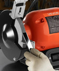 Badass Six Inch Bench Grinder With 3450 Rpm Single Speed Motor And Dual Grit Grinding Wheels paired with LED work light for sharpening.