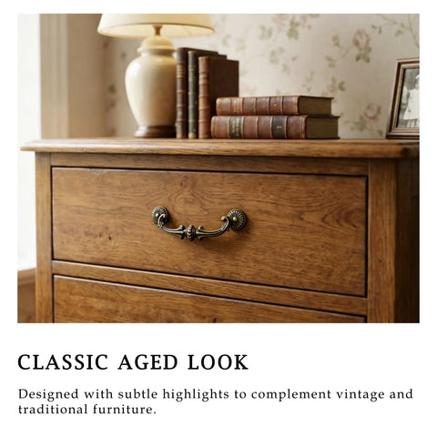 Oil Rubbed Bronze 6 Pack Drawer Pulls With Vintage Drop Bail Handles 5 Inch Hole Centers on wooden dresser