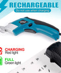 Smooth Cruising Cordless Electric Scissors 37 Volt Rechargeable Fabric Cutter showing charging status indicator and ergonomic handle.