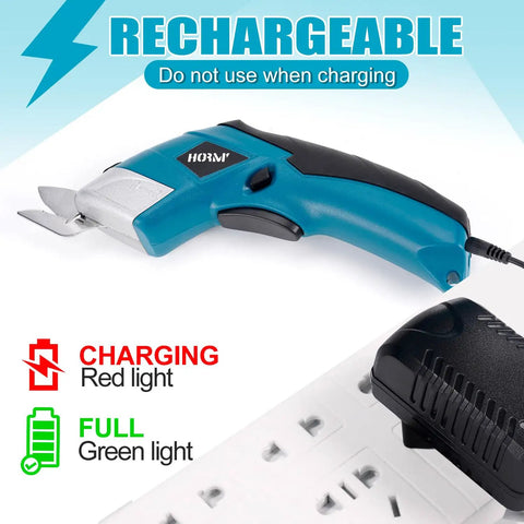 Smooth Cruising Cordless Electric Scissors 37 Volt Rechargeable Fabric Cutter showing charging status indicator and ergonomic handle.