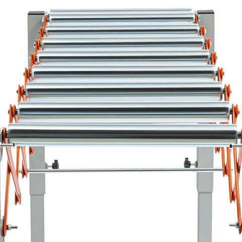 Versatile Adjustable Roller Conveyor Stand With Expandable Gravity Table For Moving Heavy Oak Or Plywood 110 Lbs Capacity Flexibility view from top showing rollers and orange supports