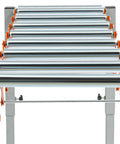Front view of Heavy Duty Adjustable Conveyor Roller Table With Extendable Wheels For Mortising Machines And Planers