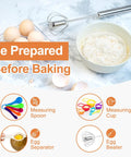 Baking setup with bowl of flour, eggs, egg beater, measuring spoons, cups, and separator, perfect for 701 Piece Cake Decorating Kit With Baking Supplies Turntable Piping Tips Leveler Pans Spatula Cake Boards And Frosting Tools For Pro Bakers And Beginners Alike Ideal For Rolling Out Fondant Layering Ganache And Creating Bakery Worthy Creations At Home.