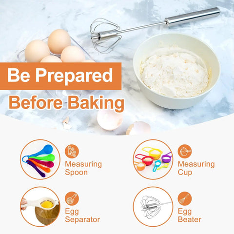 Baking setup with bowl of flour, eggs, egg beater, measuring spoons, cups, and separator, perfect for 701 Piece Cake Decorating Kit With Baking Supplies Turntable Piping Tips Leveler Pans Spatula Cake Boards And Frosting Tools For Pro Bakers And Beginners Alike Ideal For Rolling Out Fondant Layering Ganache And Creating Bakery Worthy Creations At Home.