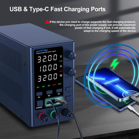 Pro Grade Bench Power Supply With Variable Output From 0 To 32 Volts And 0 To 10 Amps Memory Presets M1 M2 M3 USB A And Type C Fast Charge