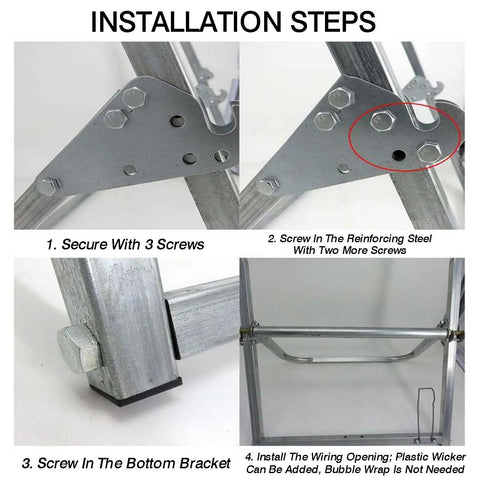 Installation steps showing the Premium Foldable Bubble Wrap Holder And Transport Station Dispenser made from galvanized steel.