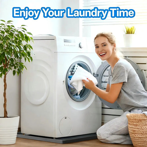 Woman using washing machine on Heavy Duty 27x27 Inch Washing Machine Drain Pan Drip Tray Leak Proof Silicone Non Slip Waterproof Drip Mat