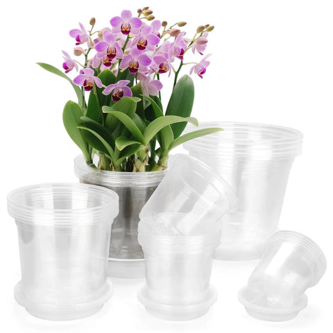 Clear Nursery Pots With Drainage Trays, 25 Pack Plastic Pots For Plants, Five Sizes displayed with orchid, seed starting transplanting.