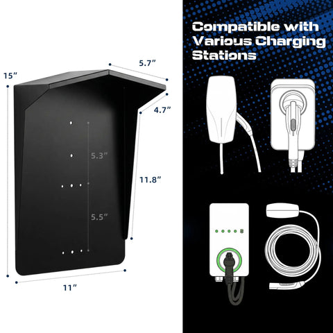 Dimensions of Tough As Nails Ev Charger Protective Cover With Heavy Duty Weatherproof Canopy in Matte Black, compatible with various stations.