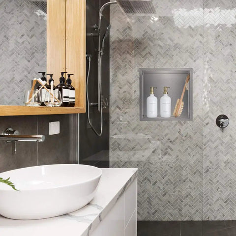 Recessed Shower Niche Organizer In Brushed Nickel Stainless Steel, 12 By 12 In, Rustproof 304 Steel integrated into shower wall