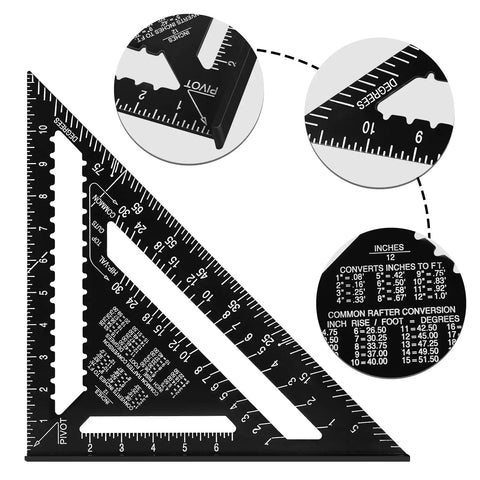 Dead On Twelve Inch Aluminum Rafter Square Top Shelf Carpenter Triangle Ruler Heavy Duty Imperial Layout Protractor with measurement details.