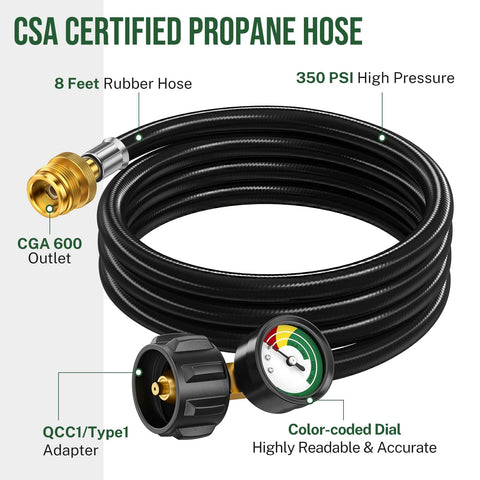 Propane Hose Adapter 1lb To 20lb With Gauge 6 Foot LP Gas Hose Converter for outdoor grills and stoves with gauge