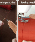 Ergonomic Wooden Needle Threader For Hand Sewing With Hardwood Handle And Stainless Steel Hook For No Fuss Easy Threading 1 Cm Extended Tip That Fits Small Eye Needles And Sewing Machines Savina being used with sewing machine and needle