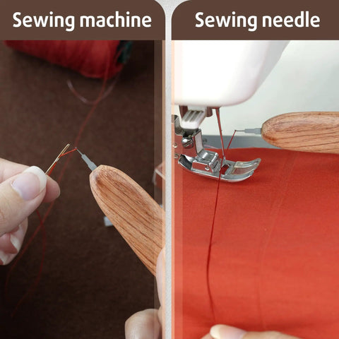 Ergonomic Wooden Needle Threader For Hand Sewing With Hardwood Handle And Stainless Steel Hook For No Fuss Easy Threading 1 Cm Extended Tip That Fits Small Eye Needles And Sewing Machines Savina being used with sewing machine and needle