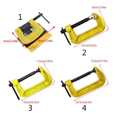 Heavy Duty C Shaped Clamp for Woodworking and Metalworking in four sizes with measurements shown