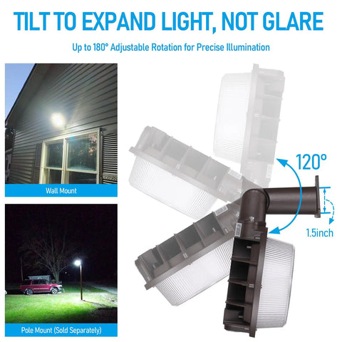3CCT LED Barn Light With Dusk To Dawn Photocell, adjustable tilt, wall and pole mount, highlights 120-degree beam angle