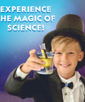 Child with Science Magic Kit For Kids With 100 Plus Experiments And Magic Tricks, holding a test tube and beaker, wearing a magician hat.
