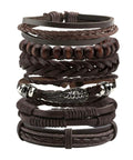 Dope Vintage Punk Wrap Bracelet Set Of Six Braided Faux Leather Cuffs For Men And Women stacked brown cuffs with beads and metal accents.