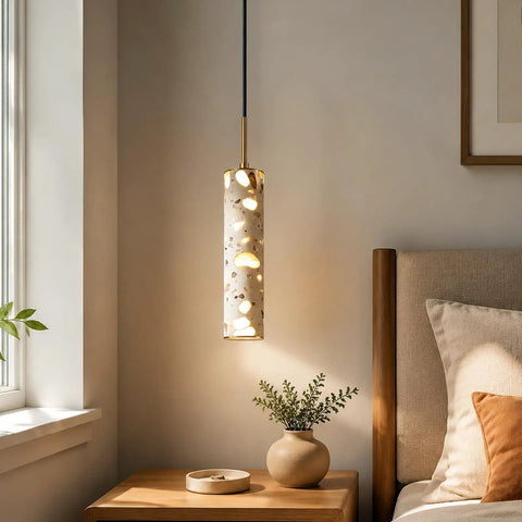 Modern Cement Pendant Lights, Hanging Lamp for Kitchen Island, 6000K, 2 Pack, cylindrical concrete shade with gold accents.