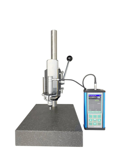 Portable Ultrasonic Hardness Tester With Sturdy Test Stand And Fine Probe 1kgf Load for precise metal testing on a solid base.