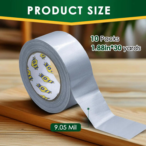 Heavy Duty Silver Duct Tape 10 Roll Pack Indoor Outdoor Waterproof Tear By Hand 1.88 Inch By 30 Yards Each product size shown